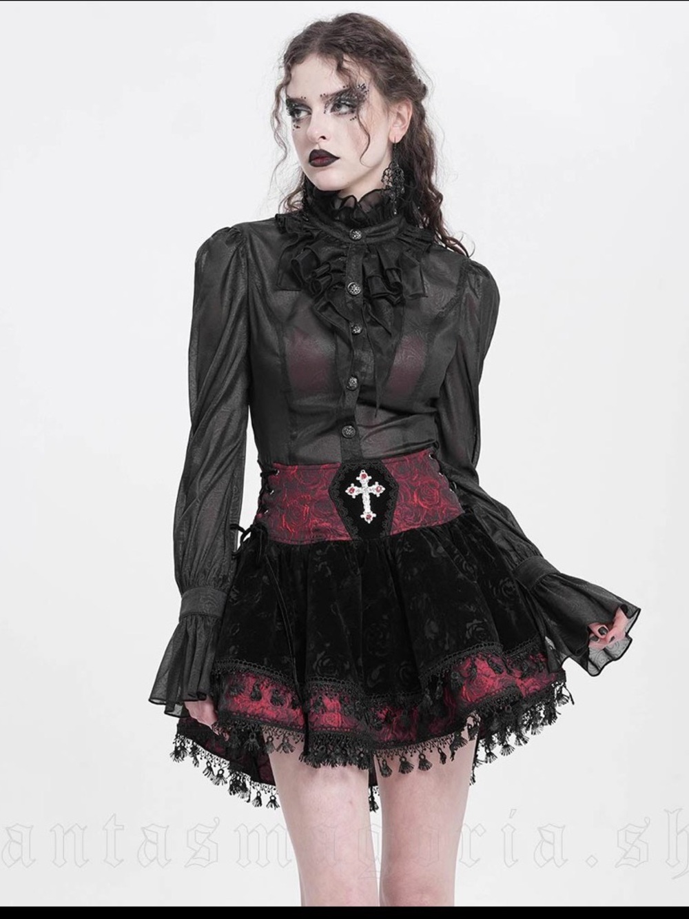 Gothic Red & Black Gothic Lace Layered Mini Skirt
